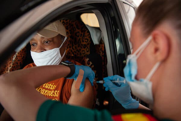 A drive-through vaccination site on the campus of Delta State University in Cleveland, Miss., last month. Though access remains a problem in rural areas, experts fear hesitancy will be the harder problem to surmount.